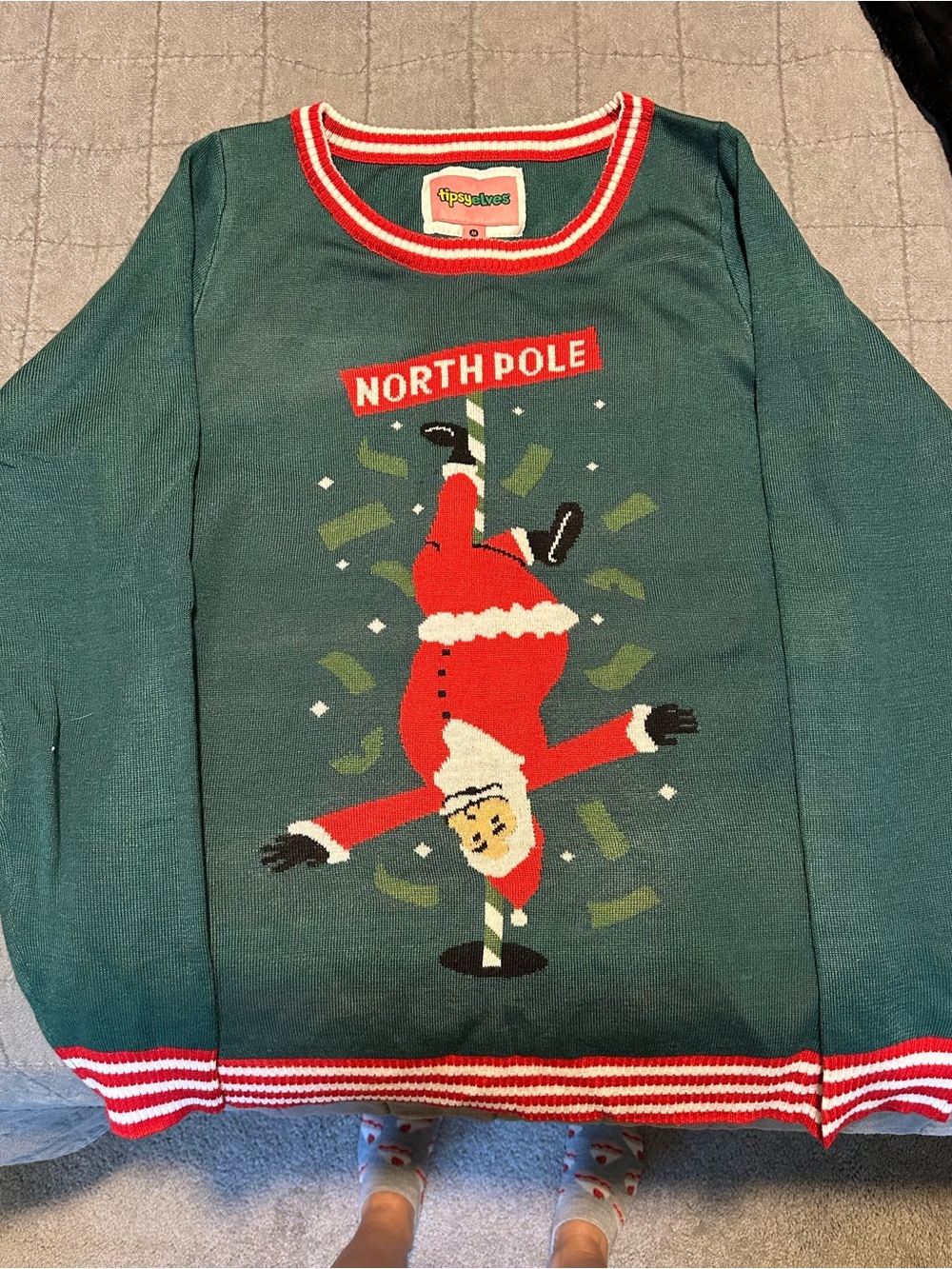 Tipsy Elves Green North Pole Santa Crewneck Sweater with Red Trim